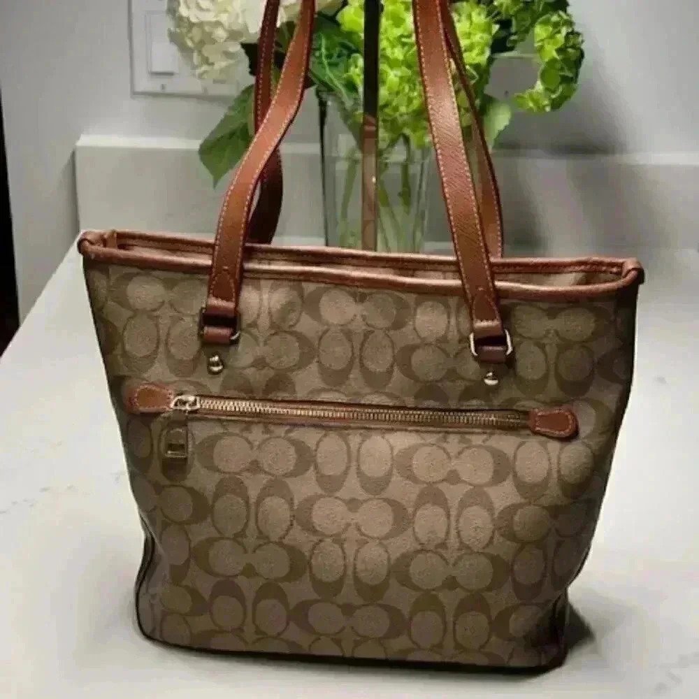 Coach F34603 Signature Zip Top Tote Shoulder Bag Khaki Saddle Jacquard - Picture 4 of 16